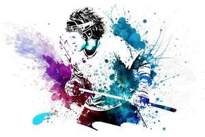 Sportler spielen Eishockey auf Aquarell Regenbogen Spritzen. neural Netzwerk generiert Kunst foto