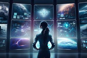 futuristisch Mädchen Astronaut auf ein Raumschiff sieht aus in das Monitore von ein Quantum Computer. neural Netzwerk ai generiert Kunst foto