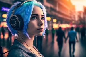 Porträt von jung Mädchen mit Blau Haar Hören Musik- mit Kopfhörer auf Stadt Straße. neural Netzwerk generiert Kunst foto