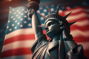 Statue von Freiheit auf das Hintergrund von das amerikanisch Flagge. Demokratie und Freiheit Konzept. neural Netzwerk ai generiert Kunst foto