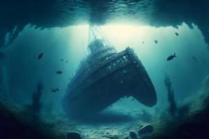versunken Schiffswrack beim das Unterseite von das Mittelmeer Meer. neural Netzwerk generiert Kunst foto