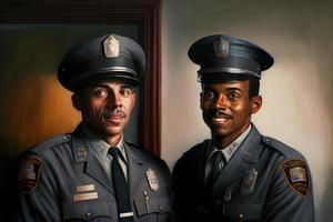 Jahrgang Porträts von männlich Polizei Arbeitskräfte im klassisch Polizei Uniformen im Abteilung Innere. neural Netzwerk generiert Kunst foto