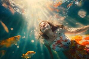 Meerjungfrau Mädchen schwimmt unter Wasser unter das Fisch. neural Netzwerk ai generiert foto