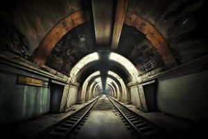 unter Tage U-Bahn Tunnel im schmutzig obsolet Zustand. neural Netzwerk generiert Kunst foto