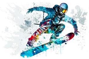 Mann Snowboarder springen auf Snowboard mit regenbogen Aquarell Spritzen isoliert auf Weiß Hintergrund. neural Netzwerk generiert Kunst foto