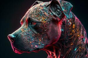 Porträt von ein futuristisch Roboter Hund. ein künstlerisch abstrakt Cyberpunk Fantasie. Konzept von ein Cyber Hund. neural Netzwerk generiert Kunst foto