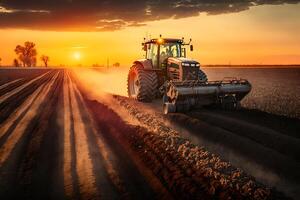 Farmer mit Traktor Aussaat Aussaat Pflanzen beim landwirtschaftlich Feld. Pflanzen, Weizen. neural Netzwerk ai generiert foto