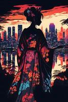 japanisch Kitsune Frau tragen ein Kimono suchen zu orientalisch Stadt. neural Netzwerk generiert Kunst foto