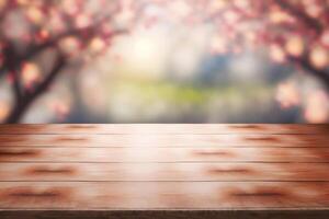 Frühling saisonal von Rosa Sakura Ast mit hölzern Tabelle Stand, Blume Hintergrund. neural Netzwerk ai generiert foto