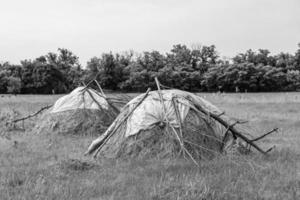 Fotografie zum Thema großer trockener Heuhaufen auf dem Grasfeld foto