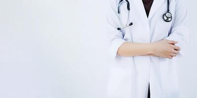 ein Frau Arzt tragen ein Labor Mantel mit ein Stethoskop mit Kopieren Raum. ai generiert foto