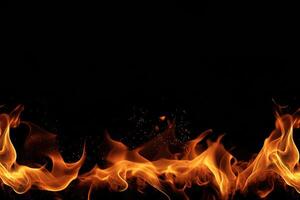 Verbrennung Feuer Flamme auf schwarz Hintergrund mit Kopieren Raum. ai generiert foto