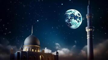 Moschee im Vorderseite von Nacht wolkig und sternenklar Himmel Illustration ai generativ foto