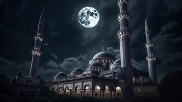 Moschee im Vorderseite von Nacht wolkig und sternenklar Himmel Illustration ai generativ foto