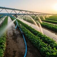 Bewässerung System im funktional Bewässerung von landwirtschaftlich Pflanzen Illustration ai generativ foto