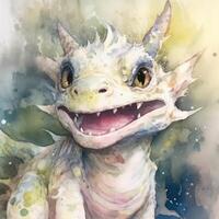 Aquarell Gemälde von ein lächelnd Baby Drachen . ai generiert foto