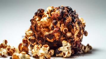 verbrannt Popcorn auf Weiß Hintergrund, generiert ai Bild foto