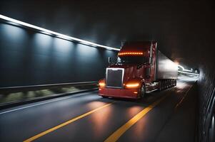 halb LKW mit ein Container im ein Tunnel beim hoch Geschwindigkeit auf das Autobahn, ai generiert foto