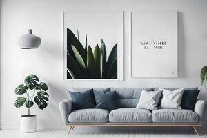 Rahmen Über Weiß Kabinett mit Pflanze Nächster zu grau Sofa im minimalistisch Leben Zimmer Innere, ai generiert foto