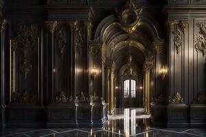 Gold und schwarz Barock Stil Portal von ein Palast, Säulen Innere Palast Design, ai generiert foto