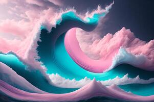 groß Wellen von Wasser im das Meer im Pastell- Paletten. Wolke, Welle, und Wolke im Blau und Rosa Farben Landschaft, ai generiert foto