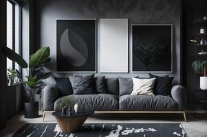 modern Leben Zimmer Innere Design mit elegant grau Sofa, Kissen, Boden, Pflanzen, hölzern Tisch, Lampe, und großartig Design Tafel, ai generiert foto