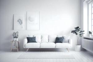 Weiß Zimmer mit Sofa. skandinavisch Innere Design. 3d Illustration, ai generiert foto