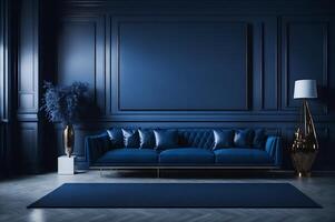 Blau Sofa im ein Leben Zimmer auf ein Blau Wand, komfortabel Möbel Innere Design, ai generiert foto