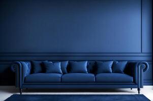 Blau Sofa im ein Leben Zimmer auf ein Blau Wand, komfortabel Möbel Innere Design, ai generiert foto