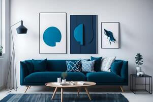 modern Innere Design zum Leben Zimmer mit Blau Sofa und Tabelle um Lampen und Pflanzen und Modelle zum Tafel, ai generiert foto