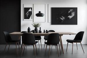 stilvoll Essen Zimmer Innere mit Design hölzern Familie Tisch, schwarz Stühle, Teekanne mit Becher, spotten oben Kunst Gemälde auf das Mauer und elegant Zubehör im modern Zuhause Dekor., ai generiert foto