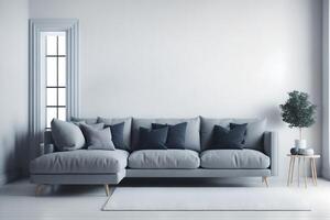 Wohnzimmer Innere leeren Mauer mit grau Stoff Sofa und Kissen auf Weiß Hintergrund mit kostenlos Raum auf Rechts. 3d Wiedergabe., ai generiert foto
