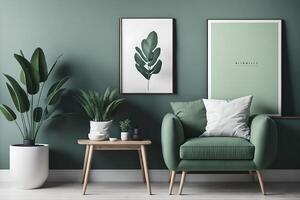 stilvoll Innere Design von Leben Zimmer mit modern Minze Sofa, hölzern Konsole, Würfel, Kaffee Tisch, Lampe, Anlage, spotten oben Poster Rahmen, Dekoration und elegant Zubehör im Zuhause Dekor, ai generiert foto