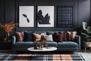 Innere Design von gemütlich Leben Zimmer mit stilvoll Sofa, Kaffee Tisch, dirigiert Blumen im Vase, spotten oben Poster, Teppich, Dekoration, Kissen, Plaid und persönlich Zubehör, ai generiert foto