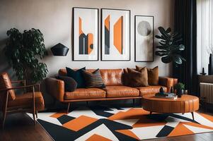 modern Leben Zimmer mit Leder Sofa unter Modelle Tafel, Luxus Möbel Dekoration, ai generiert foto