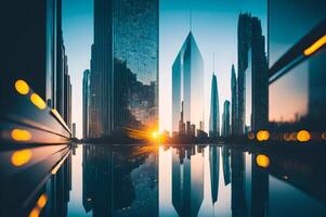 Gebäude reflektiert im das Glas mit Sonnenaufgang Licht, ai generiert foto