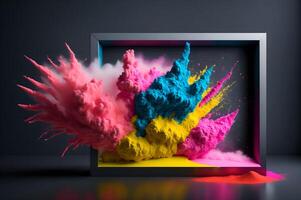 abstrakt Pulver Farbe Rahmen Explosion Hintergrund mit Spritzer, zum Anzeigen Produkt, ai generiert foto