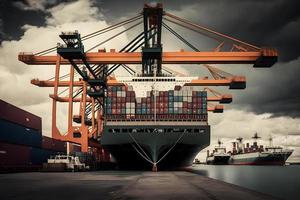 Kran Wird geladen Ladung Container importieren Container Schiff im das International Terminal logistisch Meer Hafen Konzept Fracht Versand. neural Netzwerk generiert Kunst foto