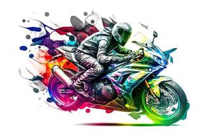 Aufkleber von Biker auf Sport Motorrad im Aquarell Stil auf Weiß Hintergrund. neural Netzwerk generiert Kunst foto