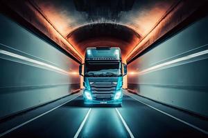 LKW Anhänger Fahren beim das Neon- Tunnel. neural Netzwerk generiert Kunst foto