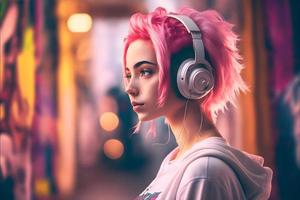 Porträt von jung Mädchen mit Rosa Haar Hören Musik- mit Kopfhörer auf Stadt Straße. neural Netzwerk generiert Kunst foto