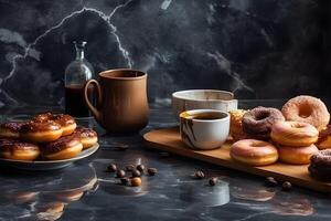 immer noch Leben mit Kaffee und Donuts. neural Netzwerk ai generiert foto