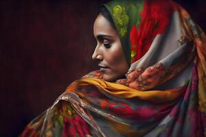 Porträt von ein Muslim Frau im Profil. neural Netzwerk ai generiert foto