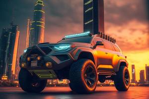 modern futuristisch Offroad suv Auto im Stadt Center. neural Netzwerk generiert Kunst foto