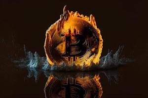 Verbrennung Bitcoin auf Feuer Flamme auf schwarz Hintergrund. neural Netzwerk generiert Kunst foto