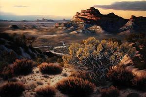 rot Felsen Schlucht Wüste im Nevada Panorama- Landschaft beim Abend. neural Netzwerk generiert Kunst foto
