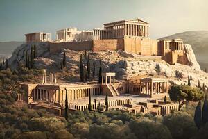 Fantasie Athen Wahrzeichen Akropolis und das odeon von Helden Dachboden, Herodes, gerade nach das Sonnenaufgang. neural Netzwerk ai generiert foto