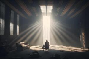 Halle mit Strahlen von Licht zum Meditation. spirituell Tempel. neural Netzwerk ai generiert foto