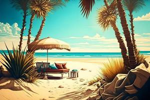 Luxus Strand mit Beruhige dich Salon Platz zum sich ausruhen Nächster zu Meer Ufer unter das Palme Bäume. neural Netzwerk generiert Kunst foto