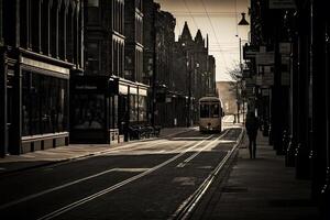 Landschaft Aussicht von ein leeren Straße von ein schwarz und Weiß Stadt. neural Netzwerk ai generiert foto